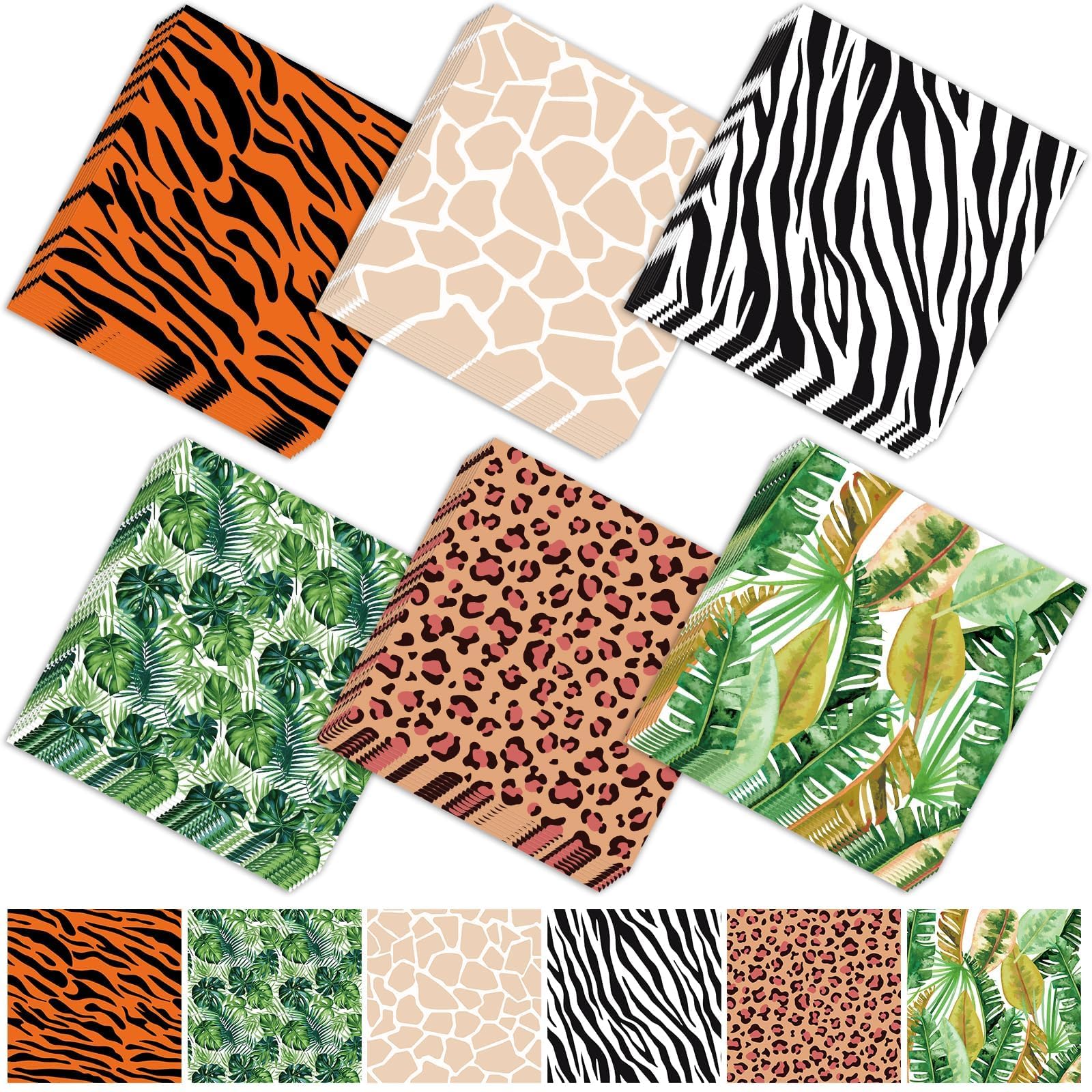 Photo 1 of 120Pcs Jungle Safari Wild Animal Party Supplies Disposable Jungle Zoo Animal Print Tropical Paper Napkins for Birthday Party, Baby Shower and Safari Theme Decorations, 6 Style