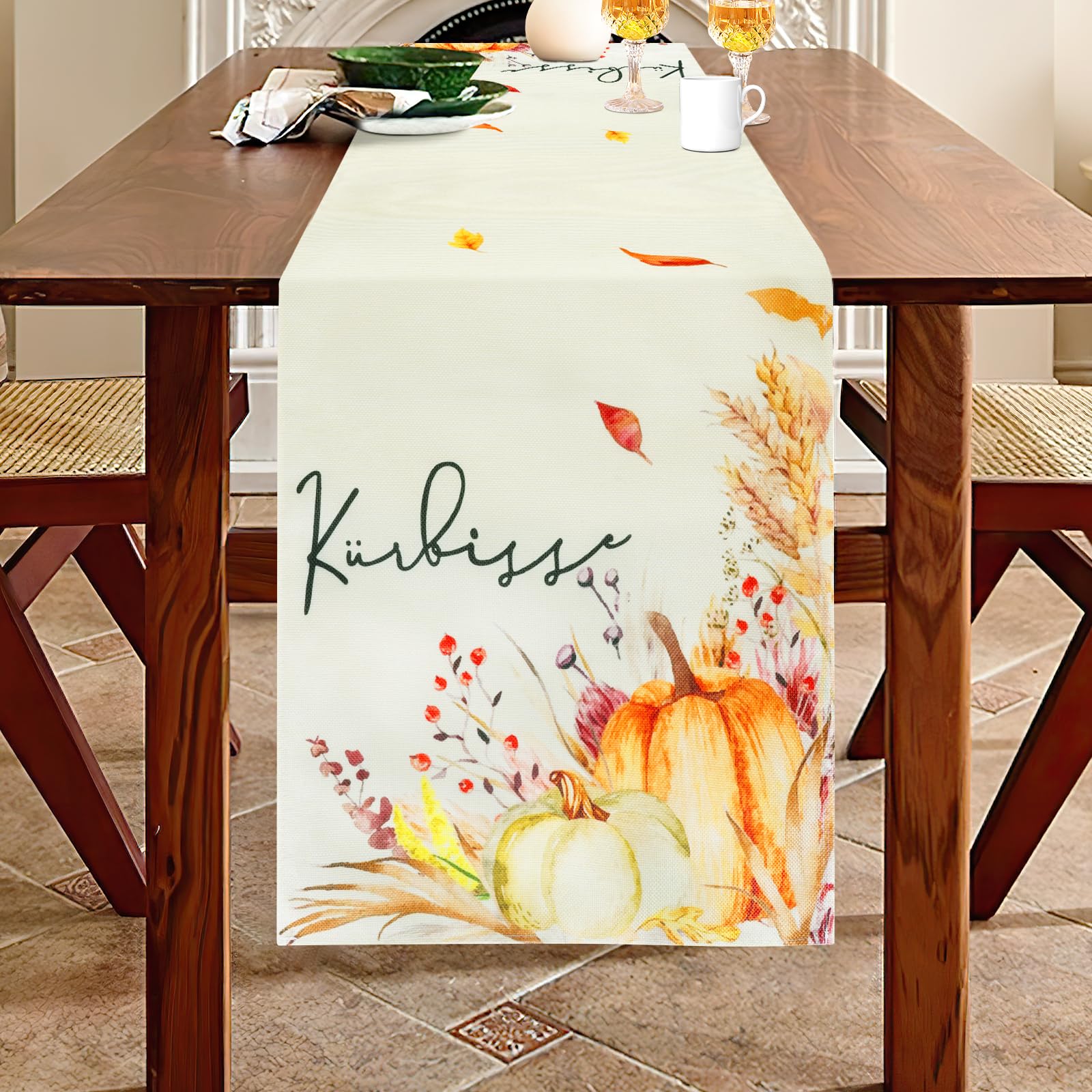 AUAUY Orange Pumpkins Ears of Wheat Table Runner, Seasonal Autumn Thanksgiving Table Decoration for Indoor Outdoor Home Party, Pumpkins Maple Leaves Printing Table Decor for Kitchen Dining 40x140cm — image 1