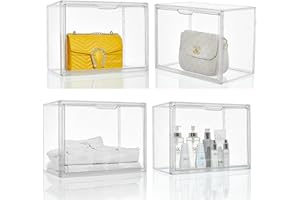 Attelite Clear Purse Organizer for Closet, Plastic Handbag Storage Organizer 4 Pack Clear Acrylic Display Case with Magnetic Door for Wallet, Book, Cosmetic, Clutch Organization