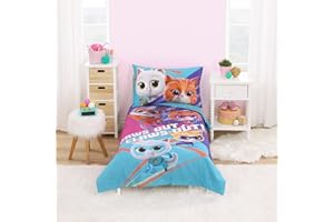 NoJo Disney Junior SuperKitties Purple, Pink, and Aqua, with Ginny, Sparks, Buddy, and Bitsy 4 Piece Toddler Bed Set - Comforter, Fitted Bottom Sheet, Flat Top Sheet, and Reversible Pillowcase