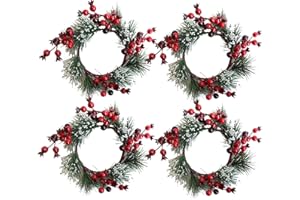 ChezMax Candle Rings Berry Tea Light Ring Small Candle Wreaths Berry Candle Holder Table Decoration for Christmas Valentine's Day Thanksgiving Day Dinner Party Wedding Diameter 4" 4 PCS
