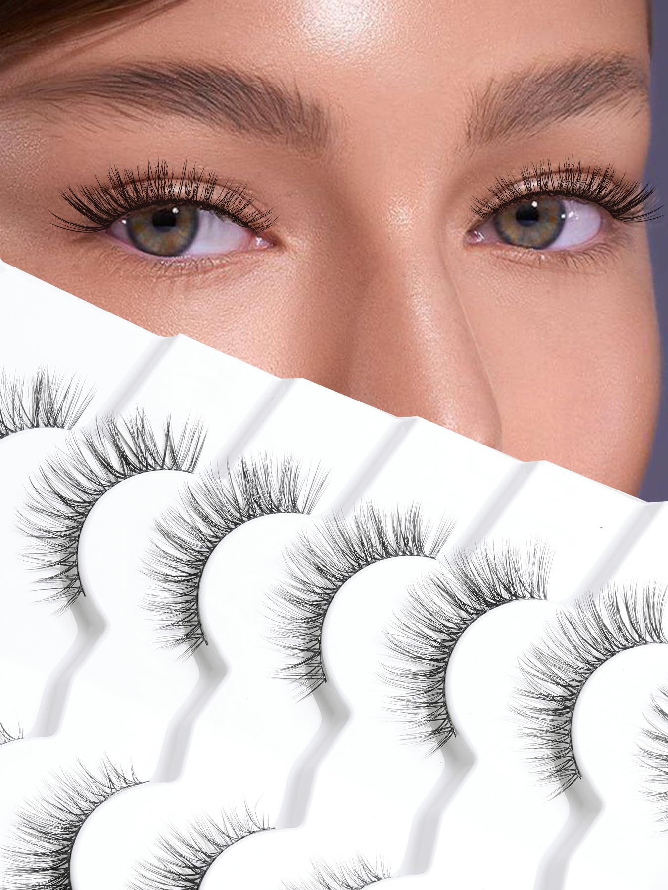 Lashes 10MM Strip Thin Band Natural 3D Volume Wispy C Curl Fake Eyelashes 7 Pair Siligli