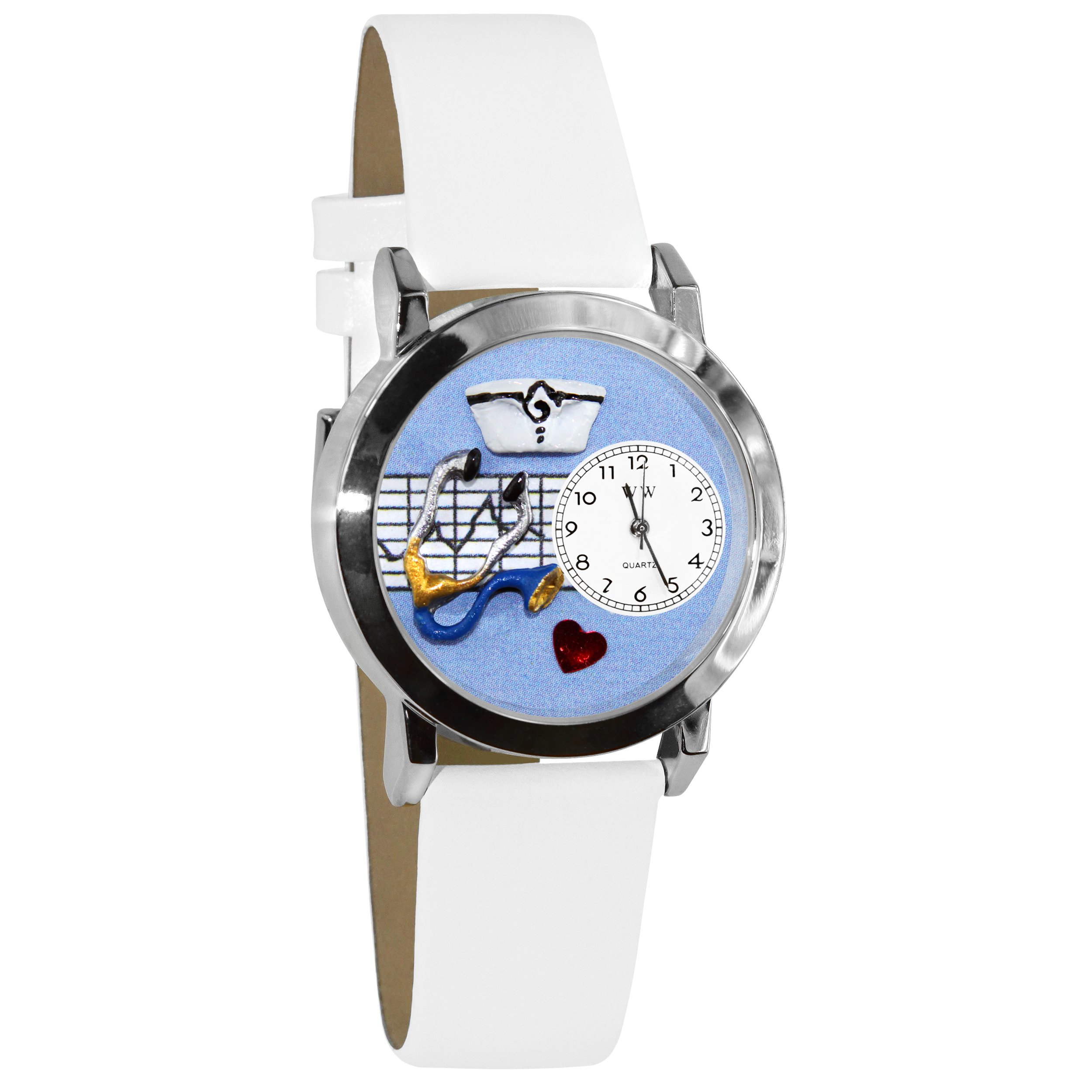 Whimsical Watches Nurse Blue White Leather and Silvertone Unisex Quartz Watch with White Dial Analogue Display and Multicolour Leather Strap S-0610002
