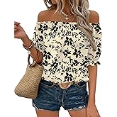 Kistore Womens Tops Short Sleeve Cotton Shirts Off The Shoulder Tops for Women Crewneck Dressy Casual Blouses S-XXL