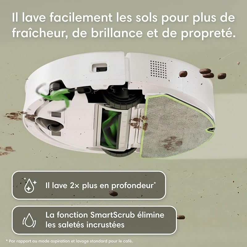 Roomba 115 Combo - Robot Aspirateur Laveur 2en1 - Puissance d'Aspiration de 15KPa - Brosse latérale étendue - Lingette de Lavage déportée - Navigation LiDAR - Blanc
