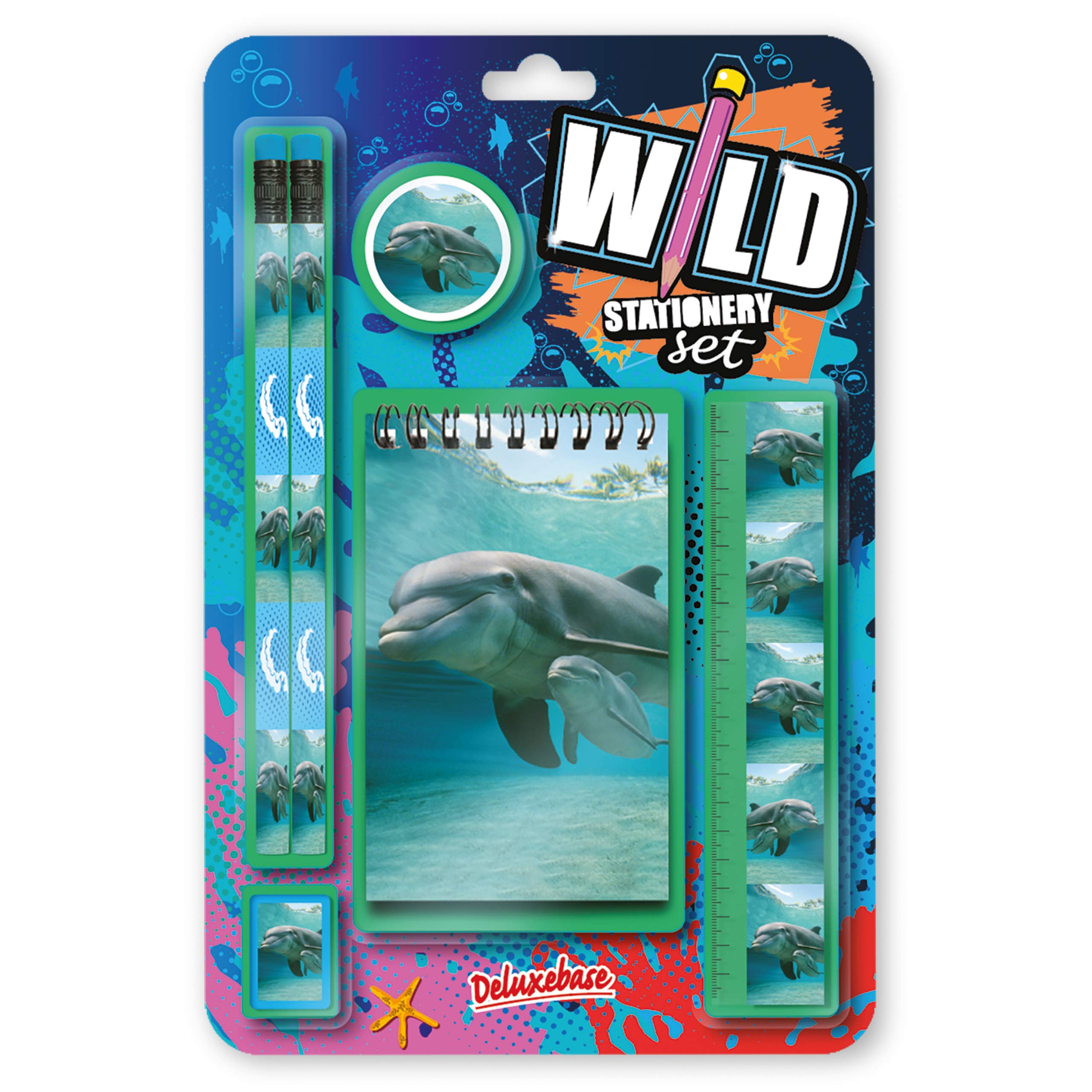 Deluxebase Wild Stationery Set – Dolphin, 6 Piece School Supplies Set including Notebook, 2 Pencils, Ruler, Pencil Eraser and Sharpener, Fun Animal Stationery Gifts for Kids and Students.