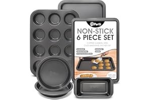 Perlli Baking Pan 6 Piece Set Nonstick Carbon Steel Gray Oven Safe PTFE PFOA Free Bakeware Kitchen Set, Cookie Sheet, 2 Round Cake Pans, 12 Cup Cupcake Muffin Pan, Roasting Pan, & Loaf Pan Bake Set