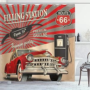 Ambesonne Cars Shower Curtain, Poster Style Image Gasoline Station Commercial Element Route 66 IllustrationPrint, Cloth Fabric Bathroom Decor Set with Hooks, 70