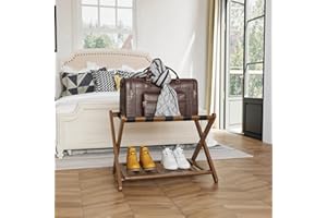 Semiocthome Fully Assembled Walnut Luggage Rack for Guest Room, Folding Suitcase Stand with Storage Shelf, Luggage Stand for Bedroom Hold up to 150lbs