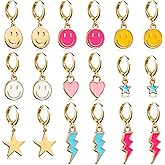 Preppy Earrings Pack with Colorful Happy Smile Lightning Bolt Heart Star Charms Pendants Gold Small Huggie Hoop Dangle Earrings Trendy Y2K Preppy Jewelry Gifts for Teen Girls Women Kids