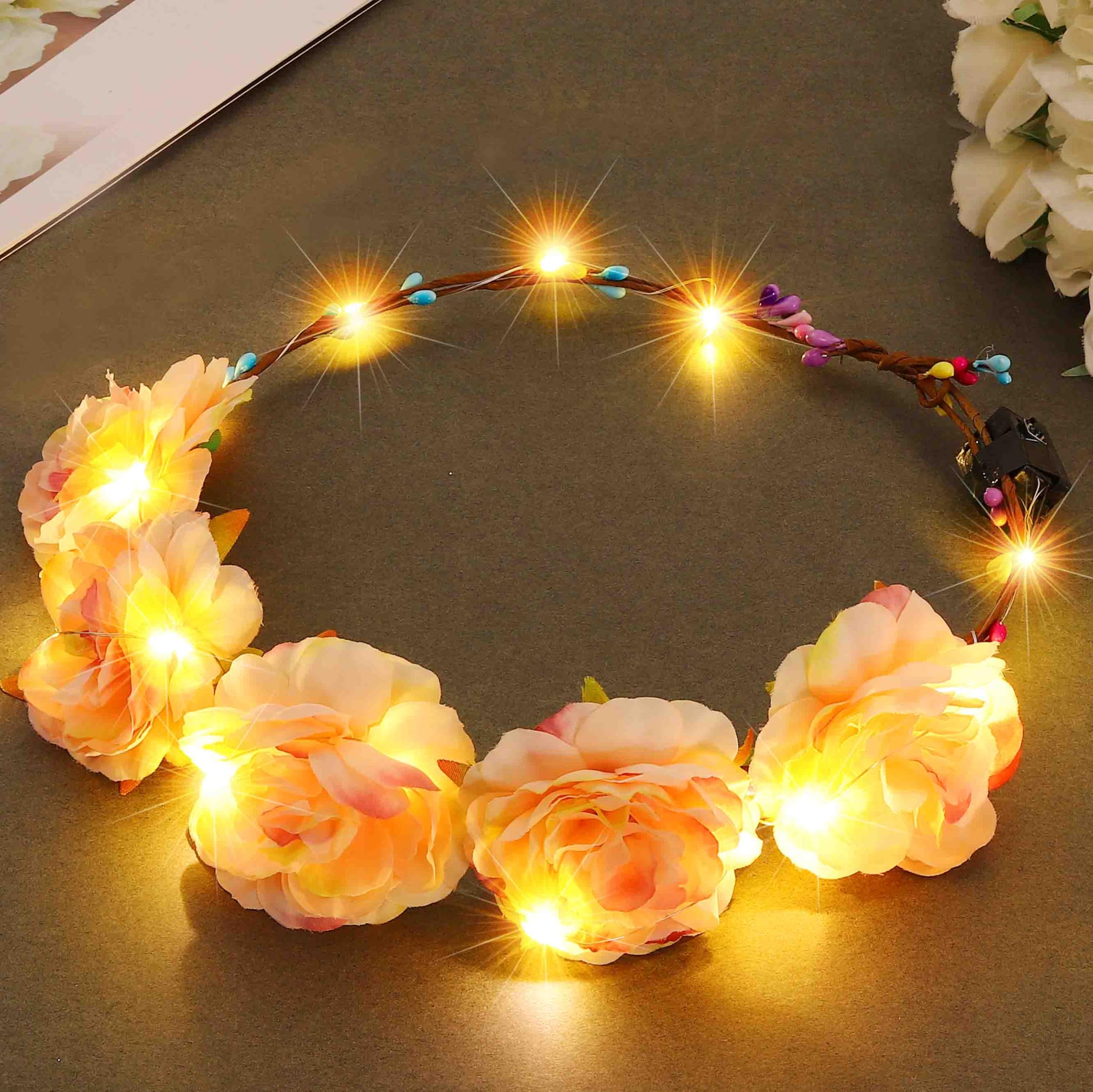 Fashband Flower Crown Headbands Light up Wreath Garland Headband Glow Hair Accessories Party Headdress for Women and Girls (Yellow)