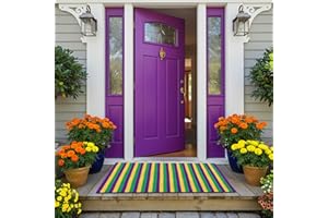 Moucuny Mardi Gras Striped Rug, 24'' x 35'' Outdoor Front Porch Doormat, Purple Gold Green Area Rug for Layering, Rustic Washable Welcome Mat for Entryway Farmhouse Decor