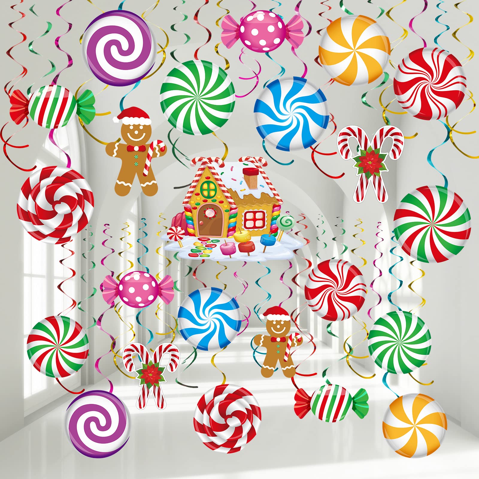 53 Pcs Swirls Decorations Candy Gingerbread Man Elves Truck Red Cardinals Ceiling Decor Ornaments for Christmas Tree Xmas Holiday Party Supplies