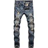 ZLZ Blue Black Ripped Distressed Jeans for Men Slim Fit, Men's Fashion Design Streetwear Destroyed Jeans Pants Stretch Fit