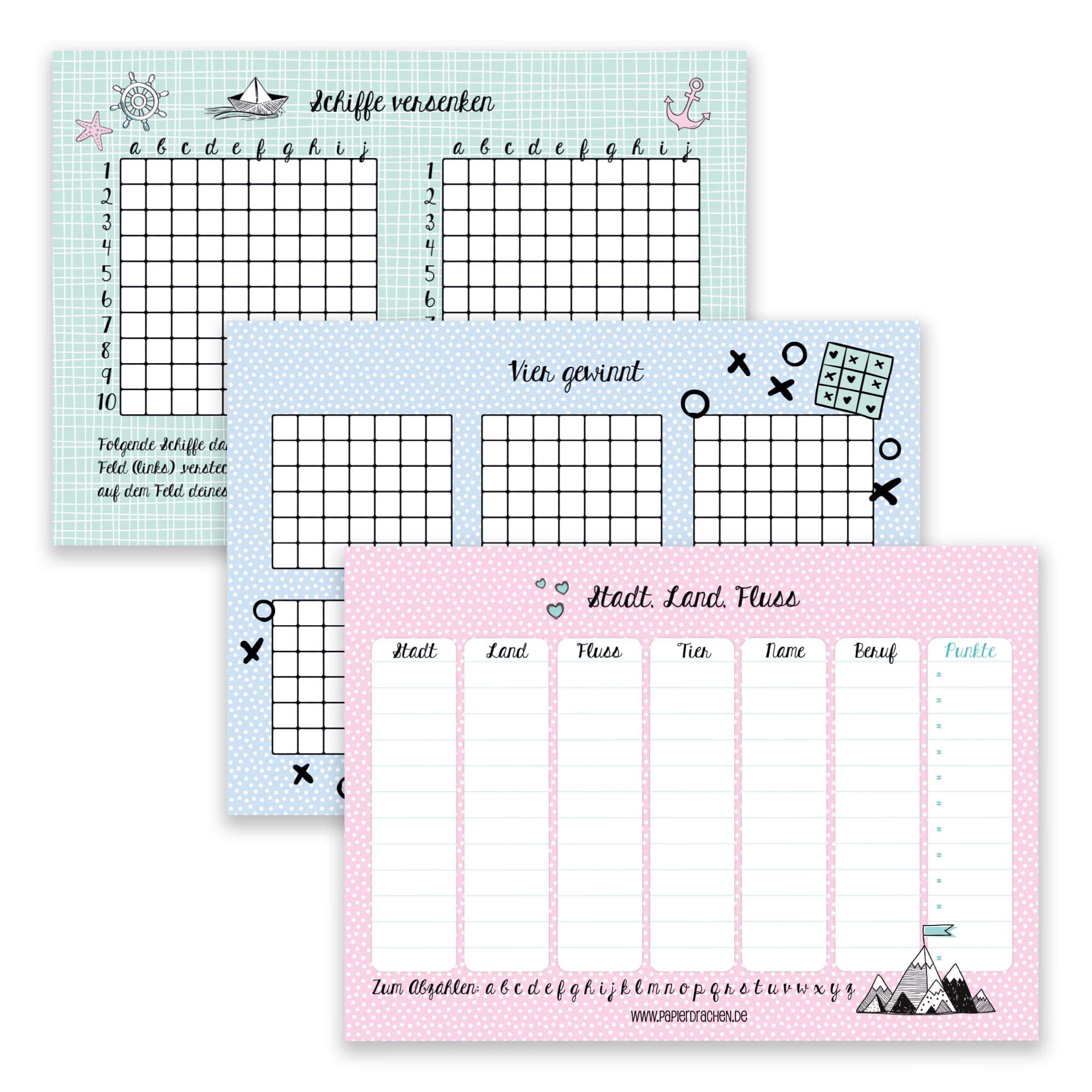 Papierdrachen 3 Play Blocks for Children: City Country River, Sinking Ships, Four Wins – 50 Sheets Each on High-Quality Paper – Set 7 – Travel Game – DIN A5