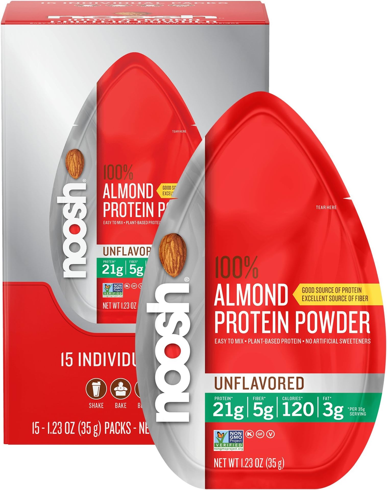 NOOSH Plant Based Almond Protein Powder- Vegan, All Natural, 21g of protein per serving 15 individual packs