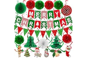 Fecedy MERRY CHRISTMAS Hanging Paper Banner Pom poms Paper flower Fan Swirl Streamers&Christmas tree Santa Claus Banner For Merry Christmas Party Decorations