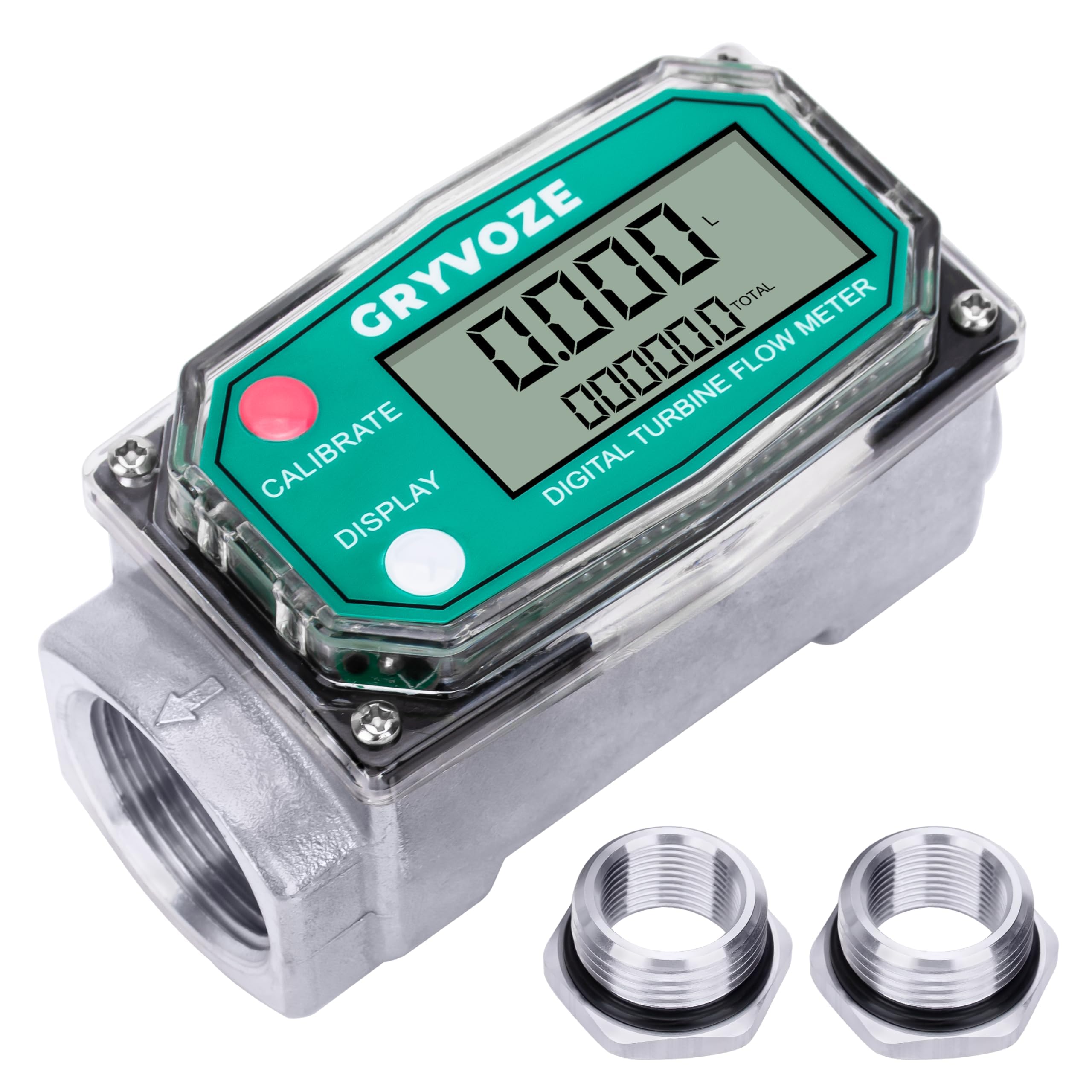 Photo 1 of GRYVOZE 1 Inch Digital Turbine Fuel Flow Meter, 2.6-26 GPM Inline NPT Thread Flowmeter with 3/4 in Adapters for Water, Diesel, Gas Oil, Gasoline, and Other Liquids - Supports Gallon, QTS, PTS, L, m³