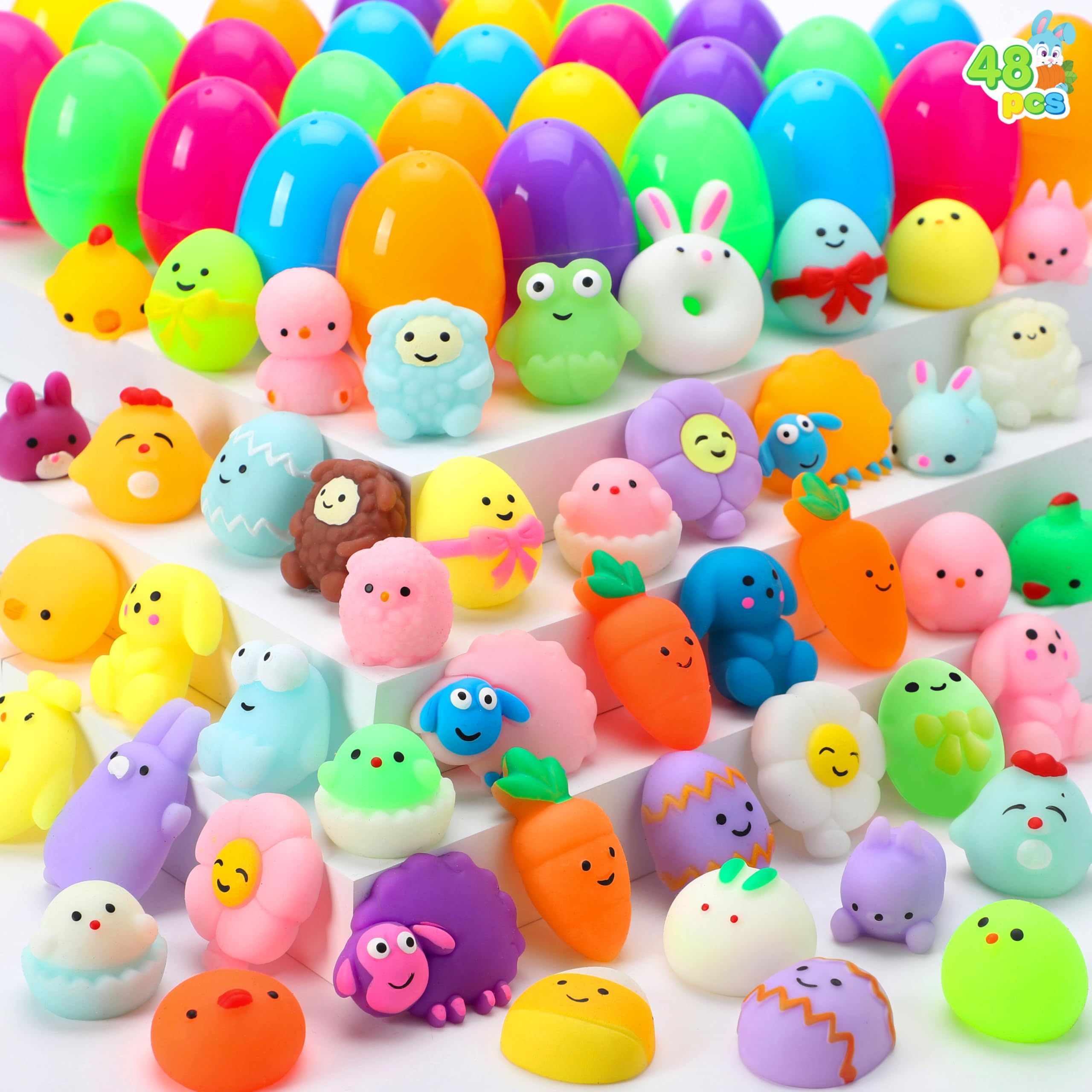 JOYIN 48 Pcs Easter Prefilled Eggs with Mochi Squishy Toys, Kawaii Stress Reliever Squishy Toy for Easter Egg Hunt, Kids Party Favor, Basket Stuffers, Goodie Bag Fillers, Classroom Prize Supplies