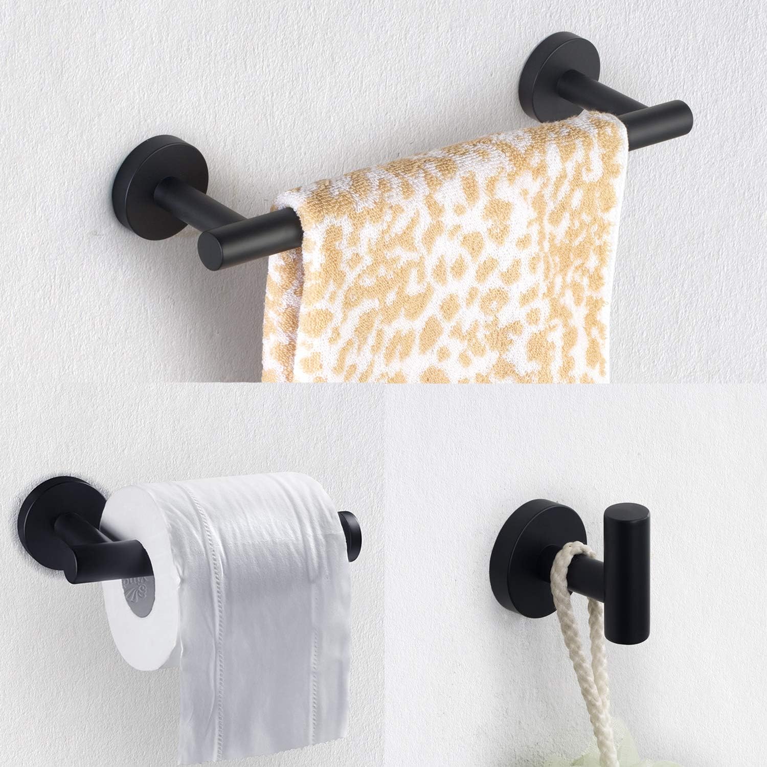 Nolimas 3-Pieces Set Matte Black Bathroom Hardware Set SUS304 Stainless Steel Round Wall Mounted - Includes 12" Hand Towel Bar,Toilet Paper Holder, Robe Towel Hooks,Bathroom Accessories Kit: Home & Kitchen