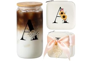 AYGXU christmas gifts for women,Initial glass cup with initial Jewelry Box,Jewelry Case Organizer,iced coffee cups,Travel Gifts for Women Girls,Birthday Gifts,Initial A white
