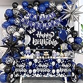 Blue and Black Birthday Decorations, Blue Black Silver Foil Balloons Happy Birthday Banner Blue Tablecloth Backdrop for Happy Birthday Decorations for Men