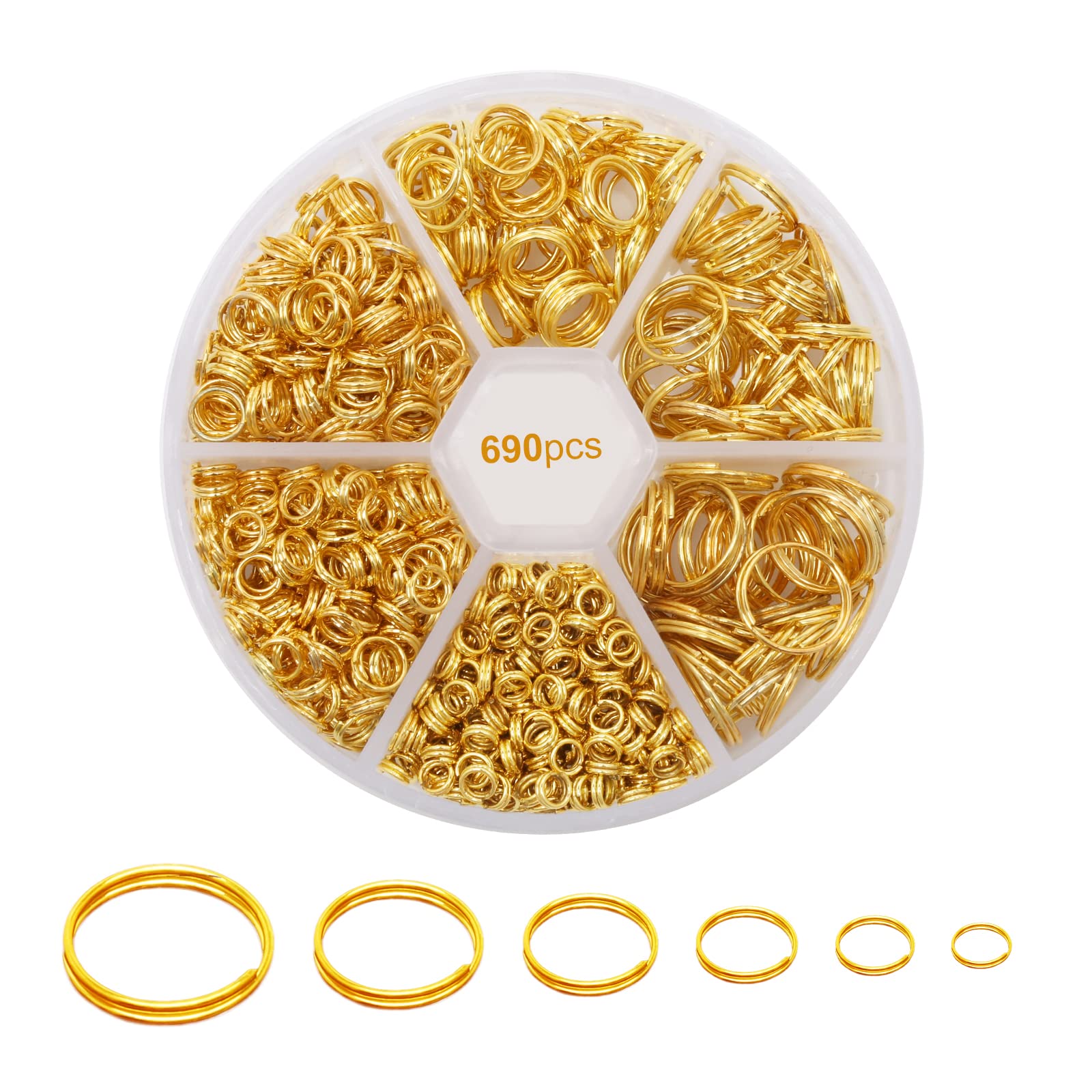 690Pcs Gold Double Jump Rings, 6 Sizes Small Split Ring Set, Double Loop Jump Rings for Jewellery Making, Small Pendant, Keychain, 4 5 6 8 10 12mm