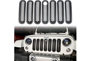 BOLAXIN For Jeep Accessories Front Grill Mesh Inserts Clip-in Grille Guard with Key Hole Hood Lock Fits For Compatible with Jeep Wrangler JK Rubicon Sahara & Unlimited 2007-2015 (Matt Black, 7PCS)
