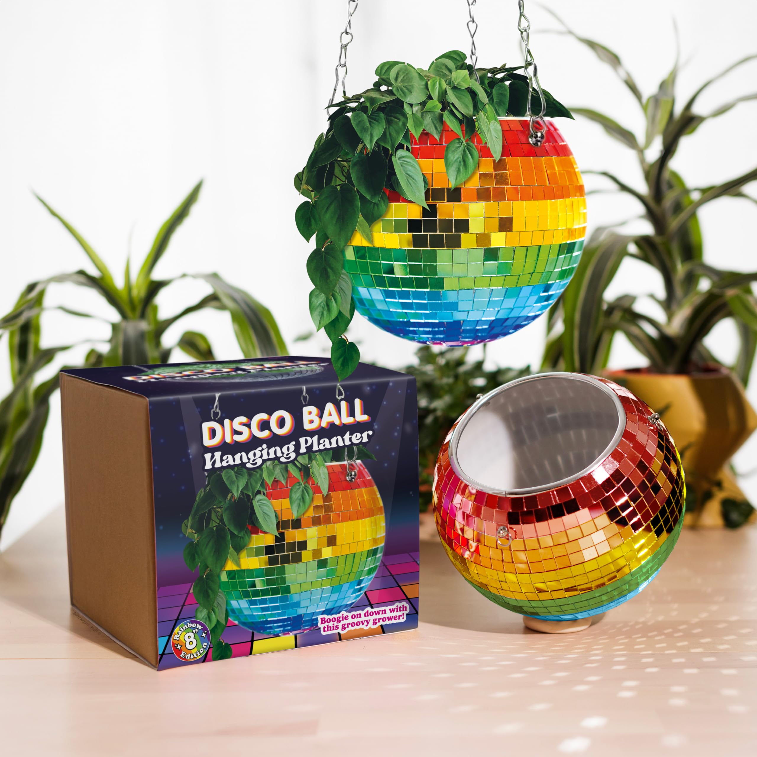 Bubblegum Stuff Disco Ball Hanging Planter (8 in) - Rainbow Edition - Hanging Planters for Indoor Plants - Spherical Shaped Plant Pots with Mirrored Exterior - Available in 6-inch and 8-inch Sizes