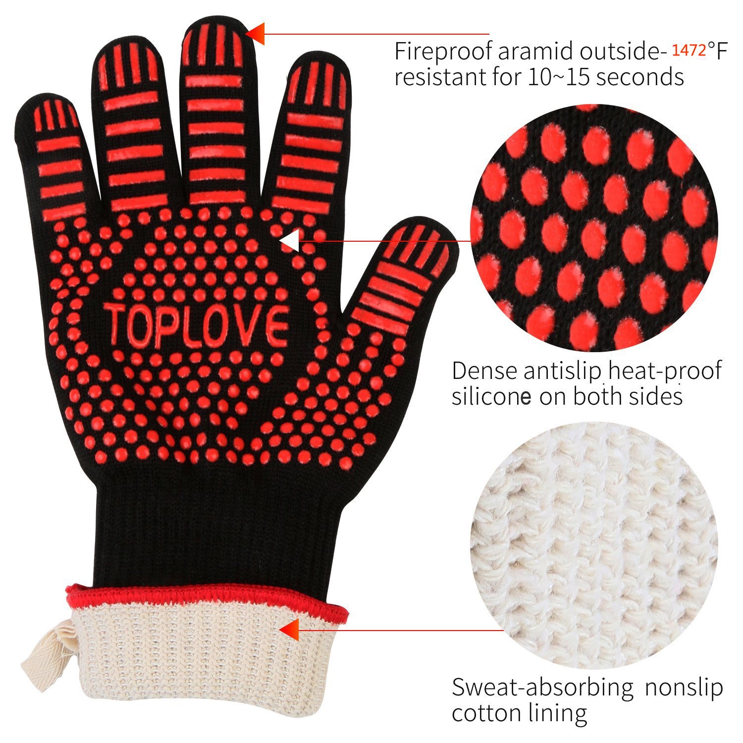 BBQ Cooking Gloves Heat-insulated Grill Glove - Kitchen Potholders Protective Oven Mitt, 932℉ Extreme Heat Resistant Grilling Glove for Baking - Heatproof Adiabatic Silicone Glove, 1 Pair (Red)
