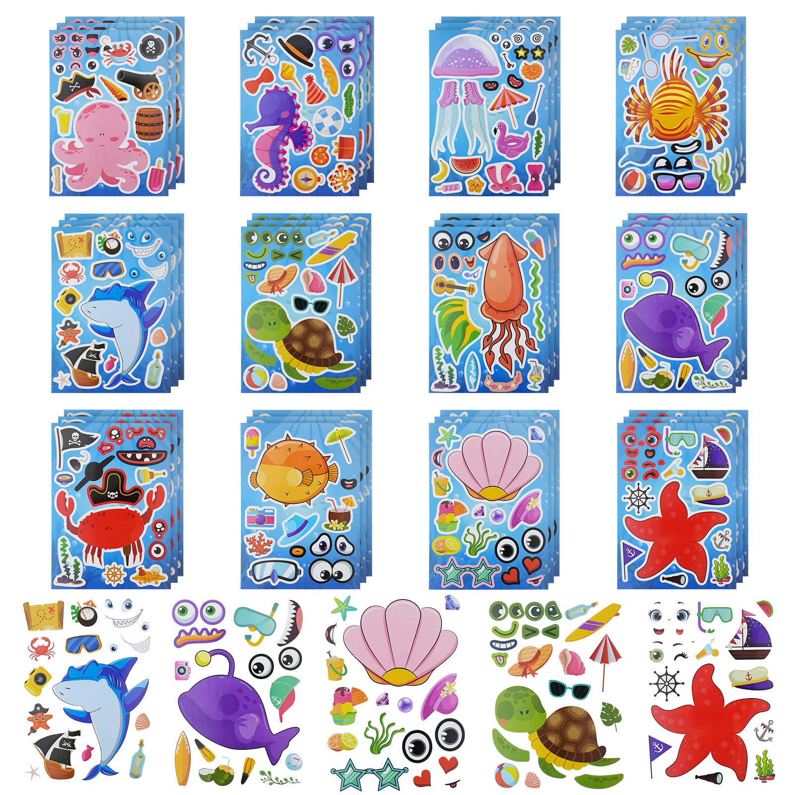 OSDUE 36 PCS Make a Face Sticker, Ocean DIY Stickers for Kids Crafts, Make Your Own Stickers Mix and Match Sticker for Birthday Party Decorations Party Supplies (Ocean -36 Sheets)