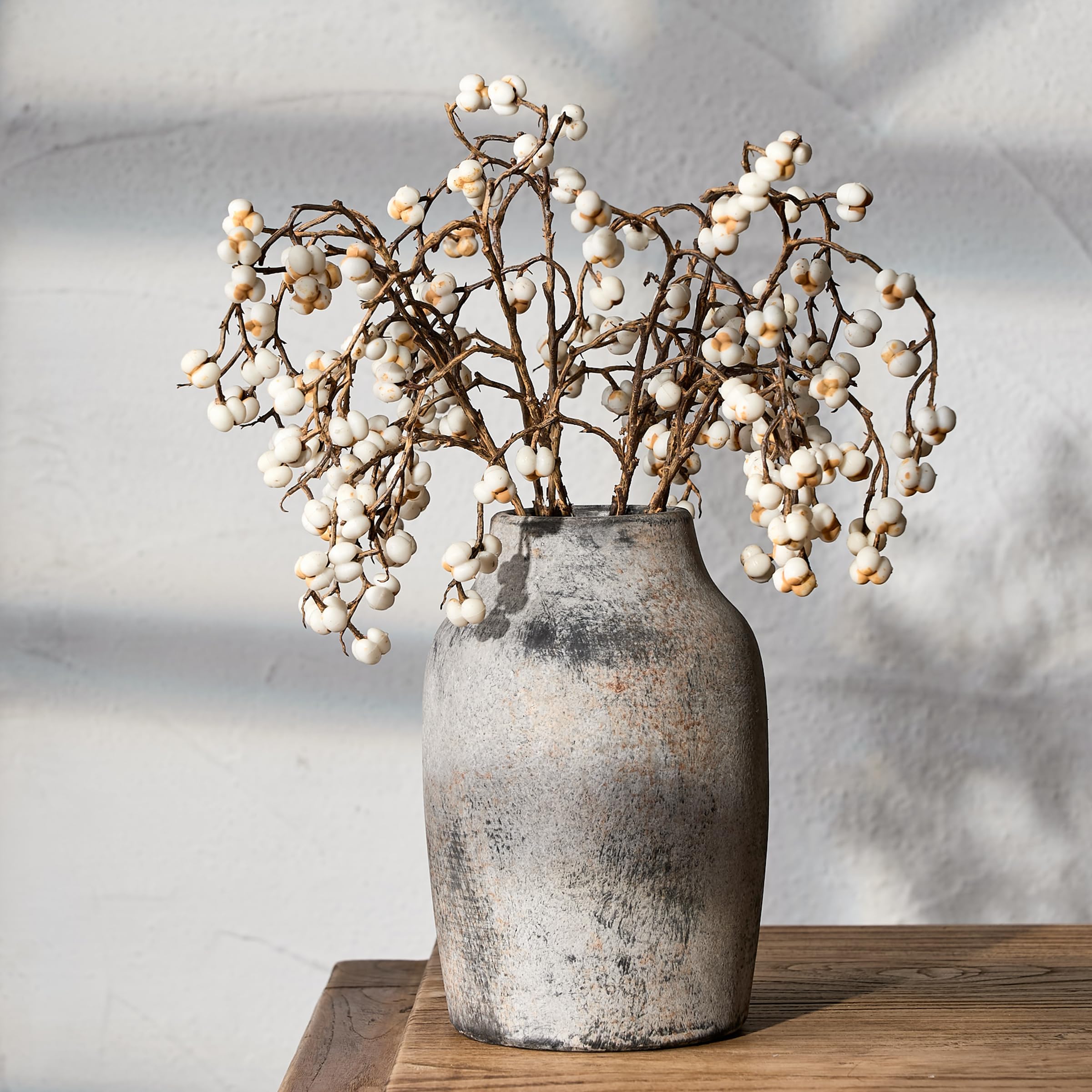 PORCER Ceramic Rustic Farmhouse Flower Vase, 7.2 Inch Boho Terracotta Vase for Home Decor, Living Room, Table, Shelf, Mantel Decoration, Farmhouse, Gray