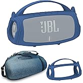 JCHPINE Silicone Cover and Hard Travel Case for JBL Charge 4 / Charge 5 Portable Bluetooth Speaker Accessories (Dark Blue Case, NOT for Wi-Fi Version)