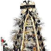 Hismir Christmas Tree Topper Bow,53x13 Inches Large Christmas Bow with Glitter Streamer,Decorative Bows for Xmas Tree Wreath Door Festival Home Decor(Black & Gold)