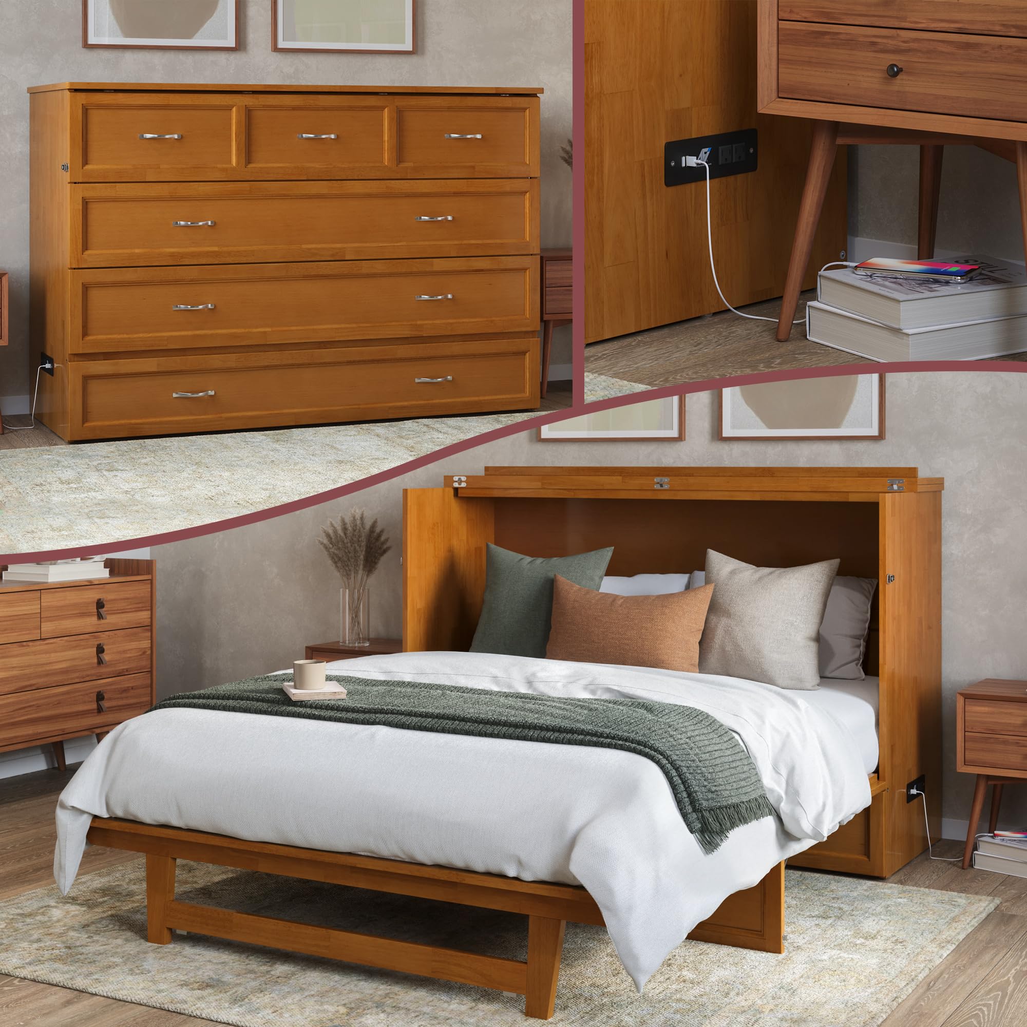 Photo 1 of AFI, Northfield Queen Murphy Full Bed Chest with 6" Mattress, Storage Drawer & Built-in USB Charger, Light Toffee