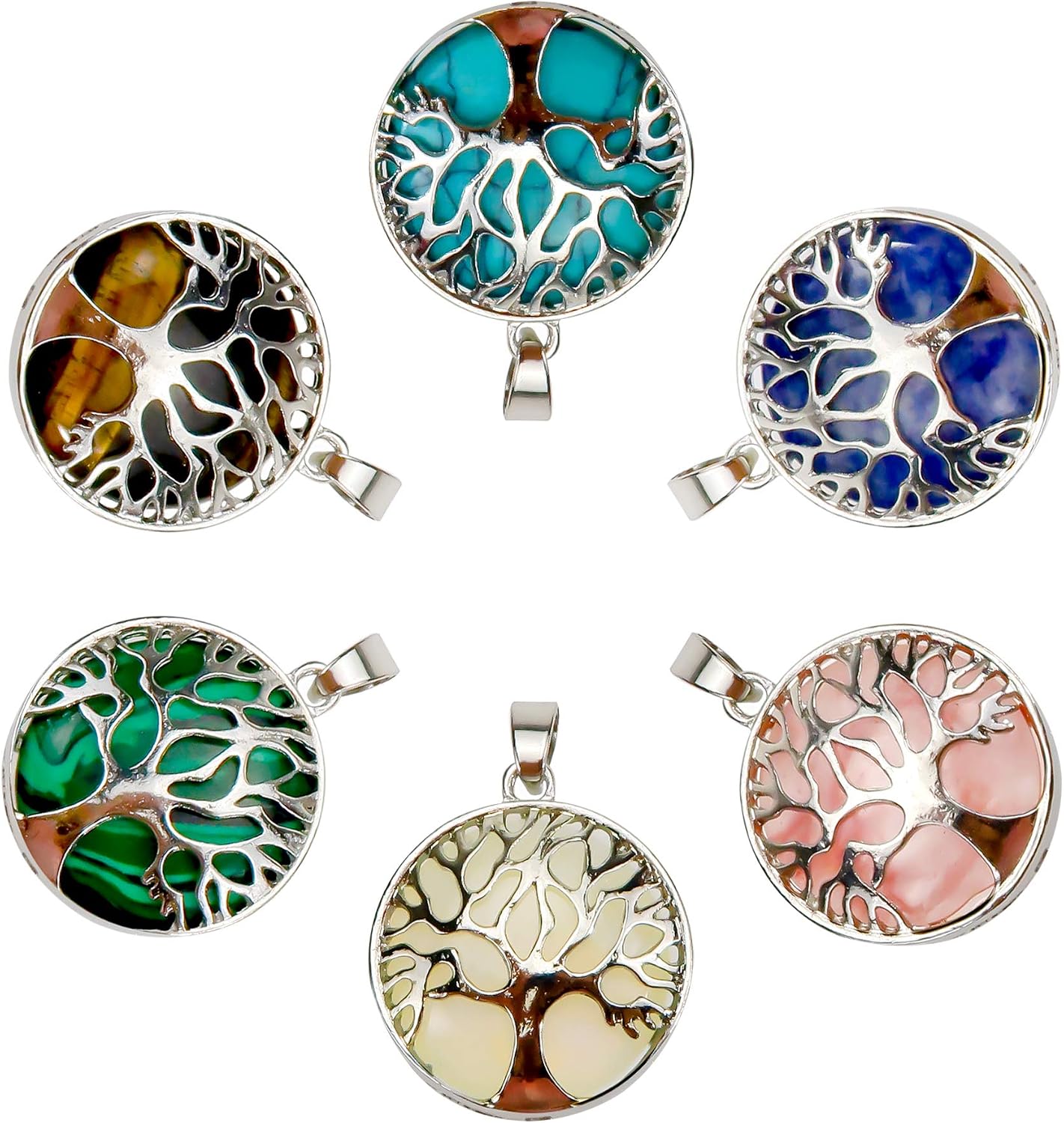 TOAOB 6 pcs 27 mm Tree of Life Charms Natural Gemstone Pendant for Jewellery Making Mixed Colors Metal Frame Hollow Round Charms for DIY Necklace Bracelet Earring Craft Supplies