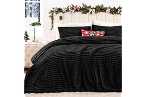 EXQ Home Fluffy Comforter Set Queen Size - Super Soft Faux Fur Stripe Jacquard Comforter 3 Pieces, Black Fleece Bedding Set,Winter Warm Bed Set,1 Comforter with 2 Pillowcases