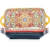 Boho Ceramic Serving Platters with Handles Set of 4, 12Inch Large Serving Dishes for Entertaining, Colorful Cute Porcelain Serving Plates for Sandwich, Appetizer, Fruit, Microwave Oven Safe Mix-color
