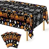4 Pack Halloween Tablecloth 54 x 108 Inch Pumpkin Spider Web Table Cover | Disposable PE3 Plastic Tablecloth, Waterproof Tablecover for 6-8 Foot Tables, Halloween Pumpkin Decorations Party Tableware