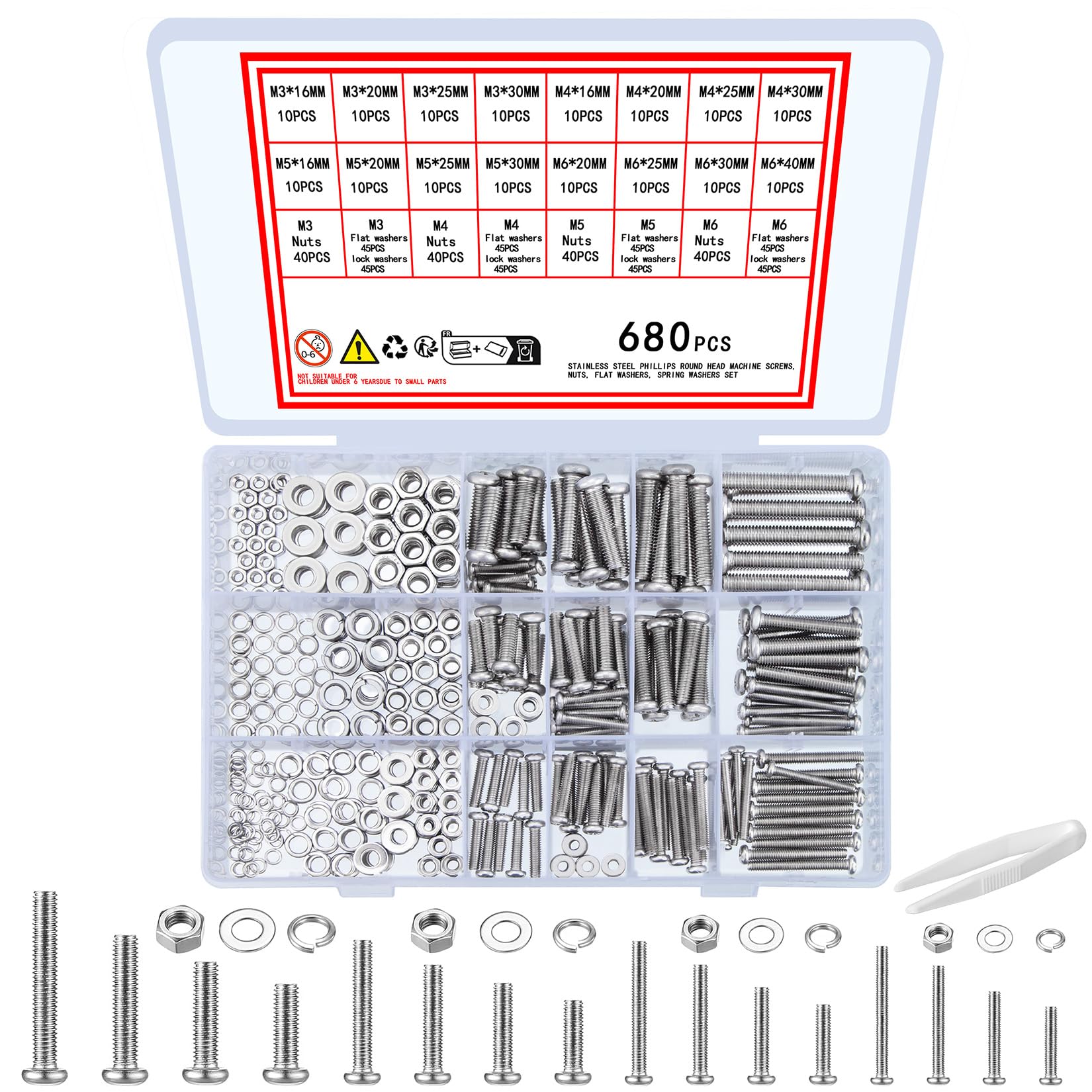 TOOINKCV 680 Pcs Cross Pan Head Screws Botls and Nuts and Washers Assortment Set, Stainless Steel Round Head Machine Screws Nuts and Bolts and Flat & Lock Washers Set for Home Office Industrial