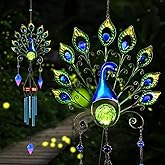 Pearlstar Solar Wind Chimes Outdoor, 53.5" Large Peacock Wind Chimes Light with Crackle Glass Ball, Waterproof Colorful Metal Peacock Wind Chimes for Garden Patio Yard Home Decor Memorial Gift…