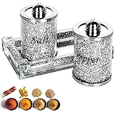 Crystal Salt and Pepper Shakers Set with Tray,Sparkly Crystal Crushed Diamond House Decor for Kitchen,Bling Salt Pepper Jar Container Pot for Countertop,saleros para cocina elegantes,Silver
