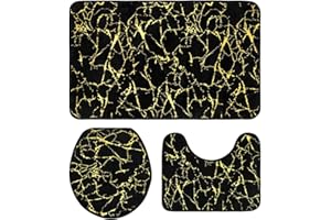 HADEEONG Marble Bathroom Rugs and Mats Set 3 Piece, Black Gold Marble Non-Slip Bath Rug Toilet Lid Cover, Absorbent Bathroom Cover Rug Carpet Toilet Seat Cover for Bathroom Decor Set