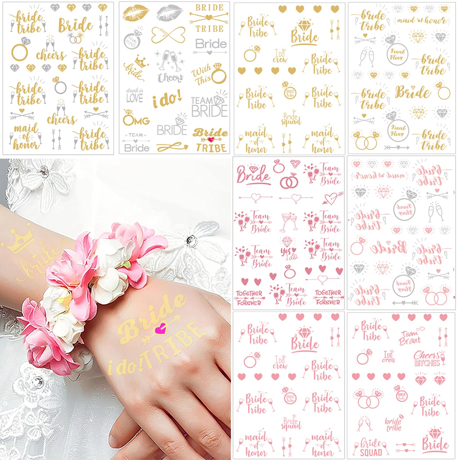 Qpout 8 Sheets Hen Party Temporary Tattoos Gold Team Bride Tattoos Hen Do Bachelorette Party Accessories for Girls Women Bridesmaid Bride to Be Tattoos Wedding Stickers Bridal Shower Hen Party Favors