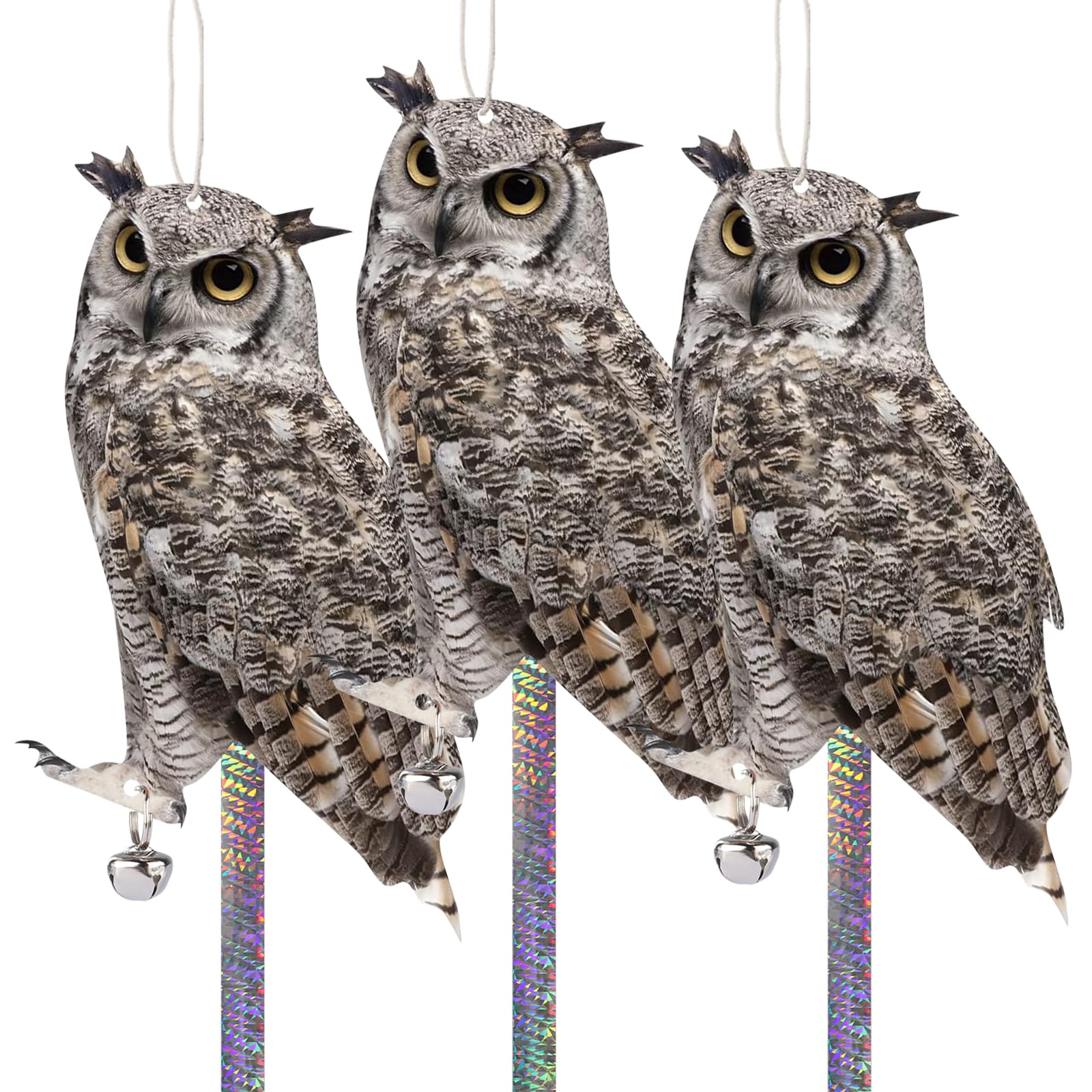 Owl to Keep Birds Away, 3PCS Bird Scarer Hanging Reflective Bird Device to Keep Pigeon and Woodpecker Away from Garden or Yard