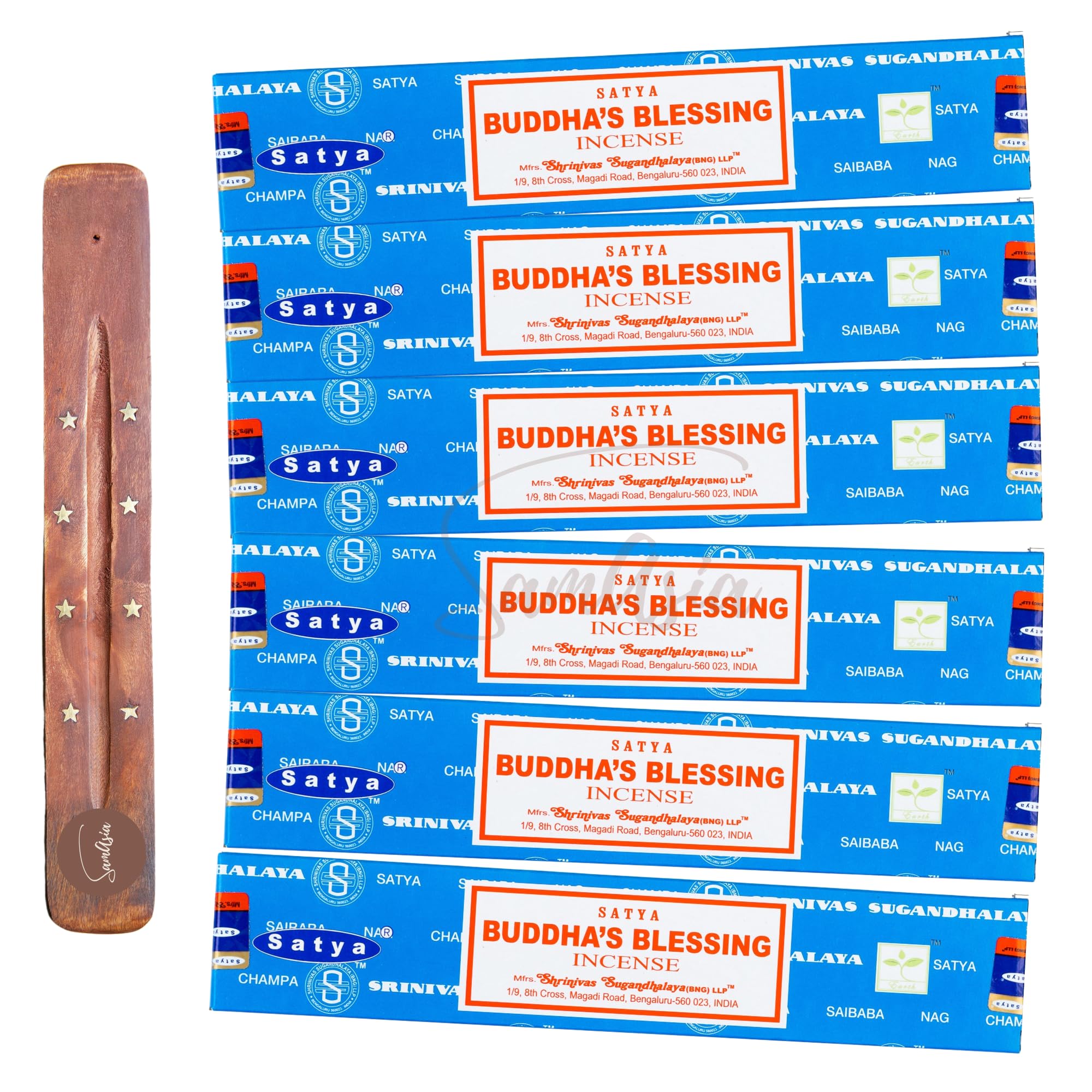 Satya Nag Champa Buddhas Blessings Incense Sticks | x6 pack | with SAMASIA incense sticks holder | Used for Aromatherapy, Spa, Yoga, Weddings, Meditation, Healing, Positivity and Relaxation