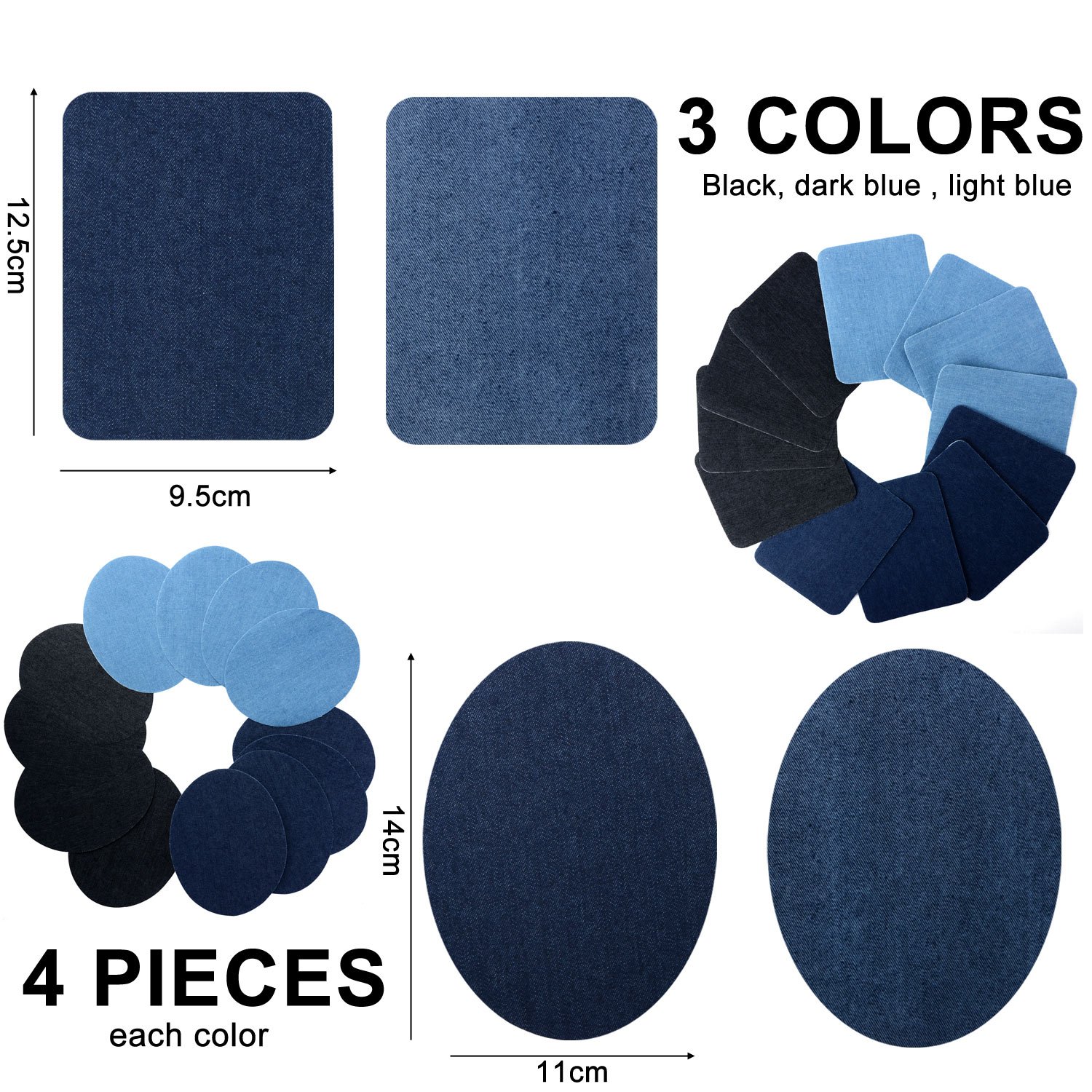 Iron On Patches, 24 Pieces Iron On Denim Cotton Patches Iron Repair Kit, 3 Sizes 3 Colors