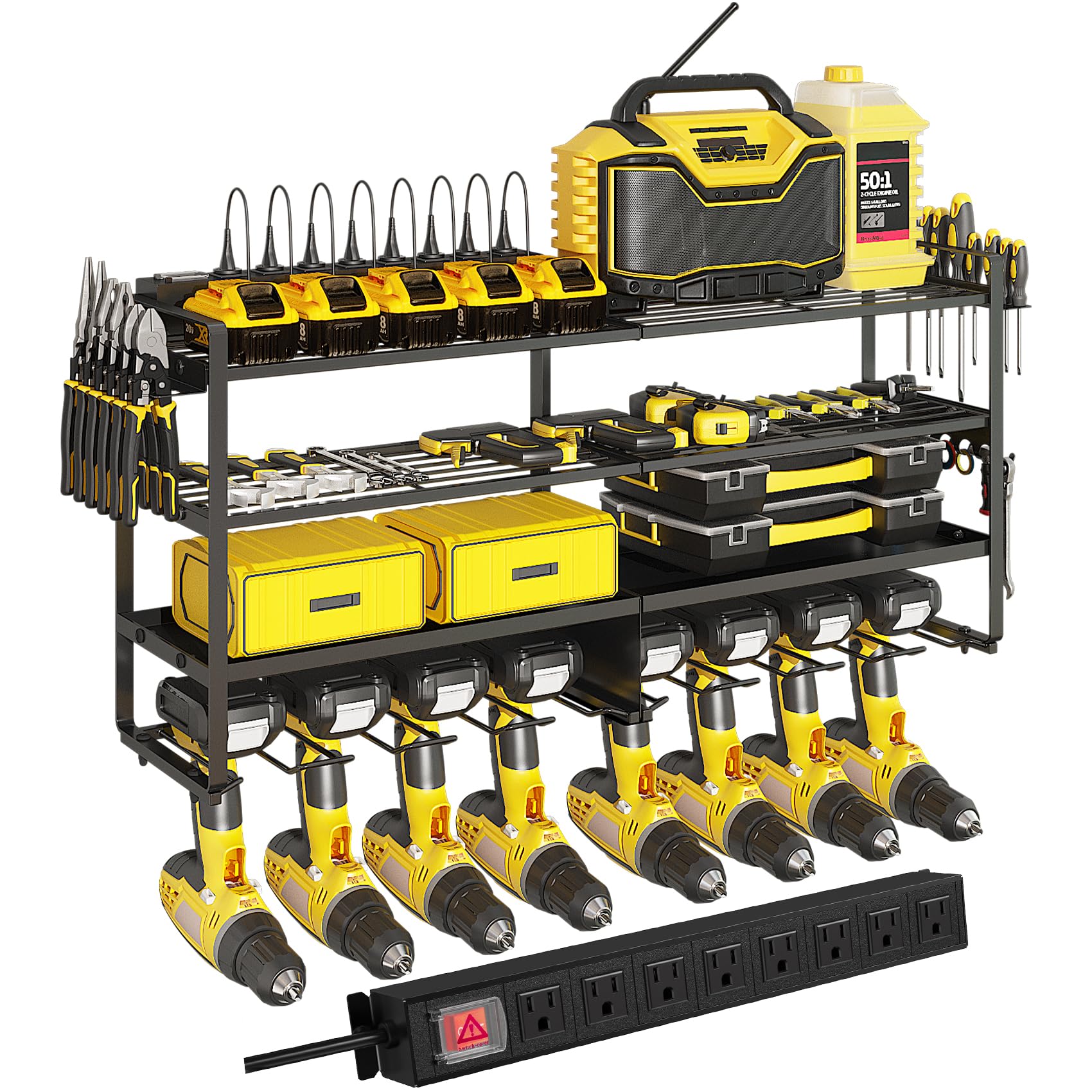 Photo 1 of ?Heavy Duty 4-Layer Power Tool Organizer Wall Mount with 8 Outlet Power Strip- Holds 8 Cordless Drills, 400lbs Capacity Metal Garage Storage Rack?