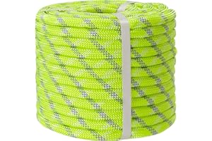 Arborist Climbing Rope (0.47 in x 100 ft), Fluorescent Green Polyester Static Rope with 62-Strand Core for Tree Work, Anchori