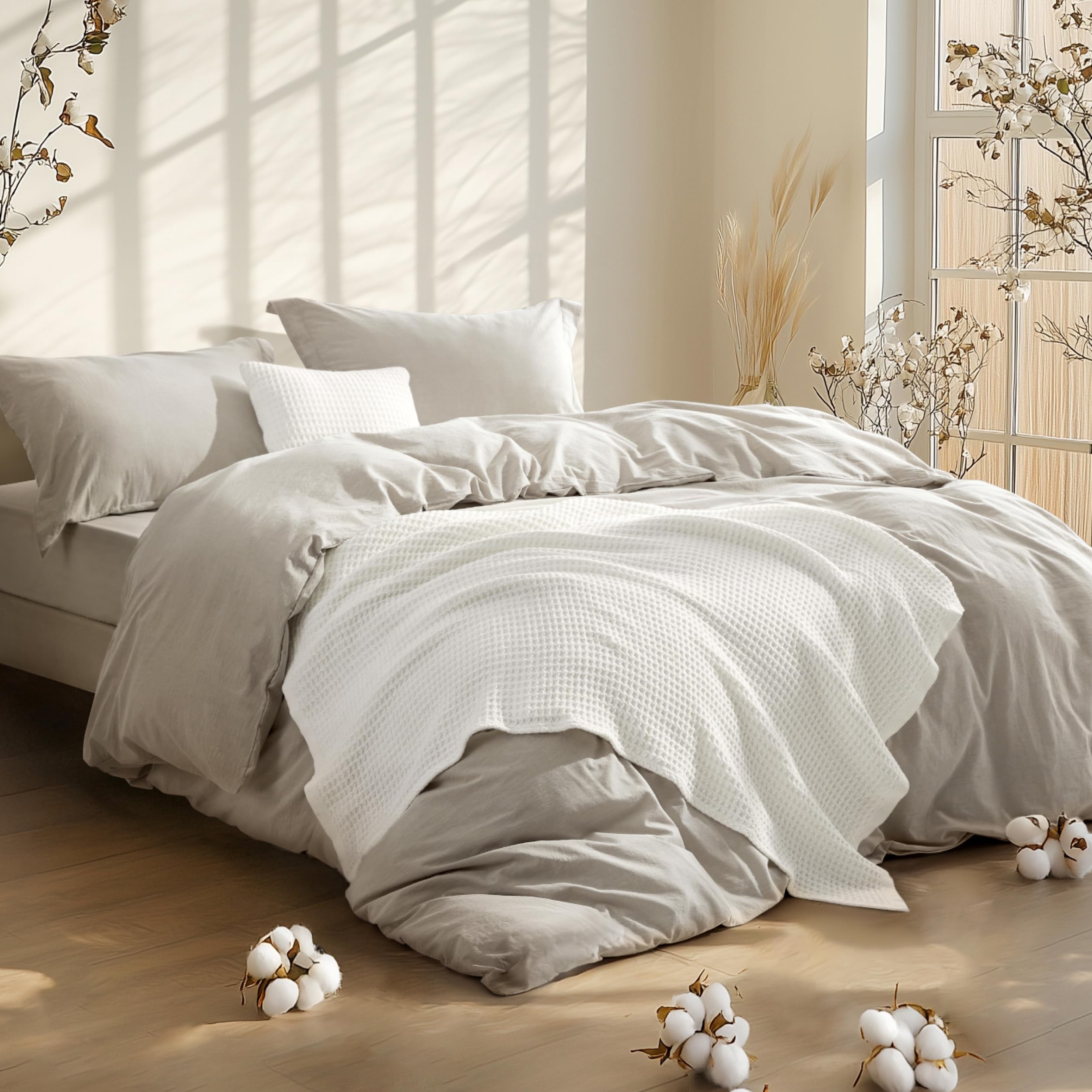Photo 1 of Bedsure 5 Pieces Cotton Comforter Set with Waffle Throw Blanket - Soft Breathable Bedding Set for All Seasons, Beige Queen Comforter, Pillow Shams, White 100% Cotton Blanket, Throw Pillow